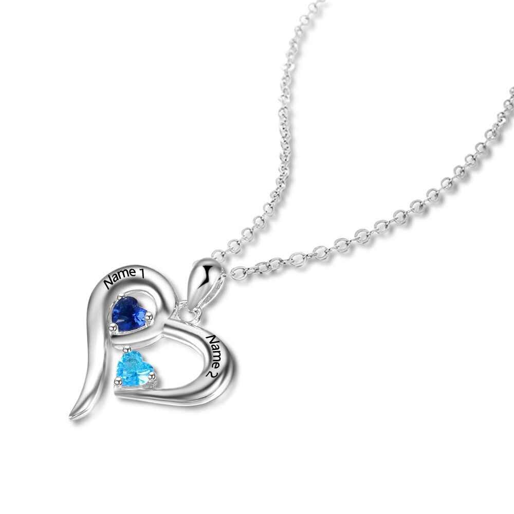 925 Sterling Silver Heart Necklace with 2 Birthstones Custom Engrave Name Pendant - MERGE.DAY.1.FREESTYLE
