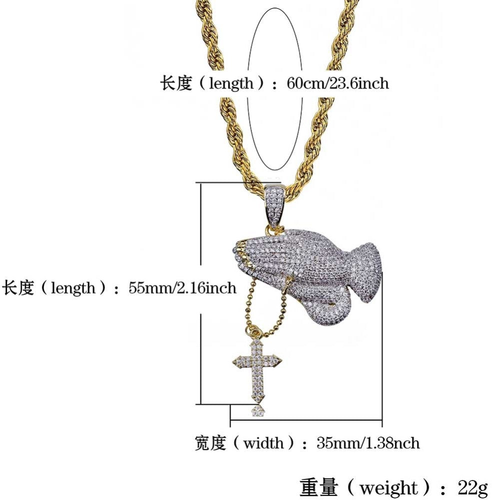 Iced Out Praying Hand Pendant Necklace With Cross Gold Silver Color Hip Hop Necklace - MERGE.DAY.1.FREESTYLE