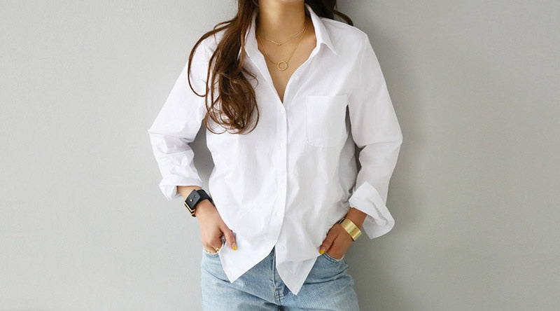 S-3XL Spring One Pocket Women White Blouse Female Shirt Tops Long Sleeve - MERGE.DAY.1.FREESTYLE