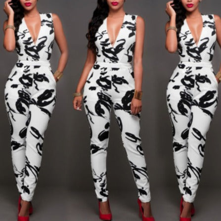 Summer Women Jumpsuit Romper Sexy Strap V Neck Sleeveless Floral Print Bodycon Overalls - MERGE.DAY.1.FREESTYLE