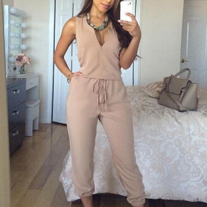 Summer Sexy V Neck Jumpsuit Long Pants Solid Rompers Women's Sleeveless One Piece Bodysuit - MERGE.DAY.1.FREESTYLE
