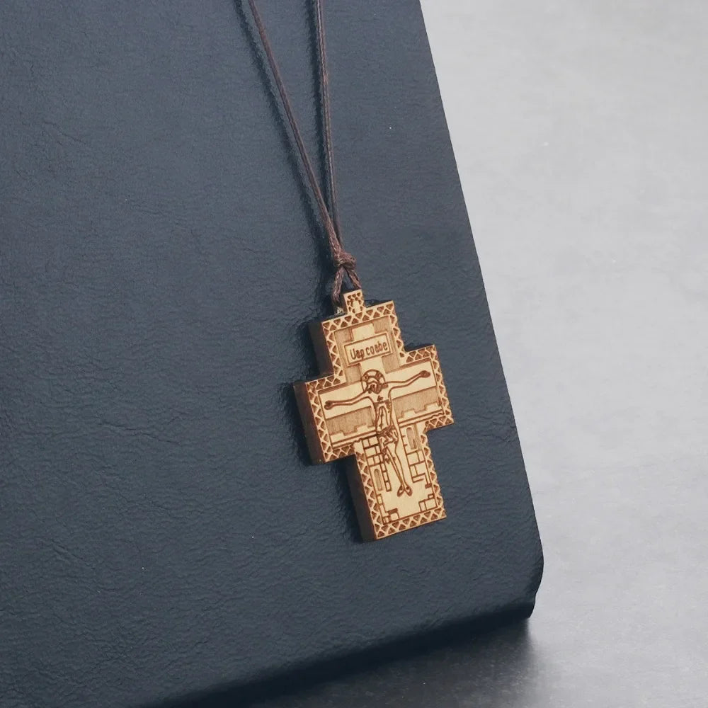 Handmade Rope Chain Necklace Wood Orthodox Cross Pendant Necklace - MERGE.DAY.1.FREESTYLE