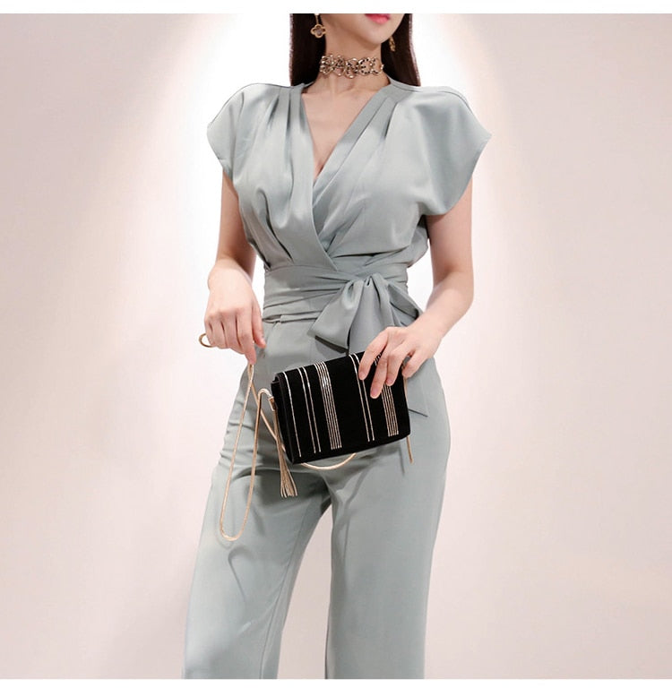 2 Pieces Set Women V-neck Lace Up Tops & High Waist Wide Leg Pants OL Style - MERGE.DAY.1.FREESTYLE