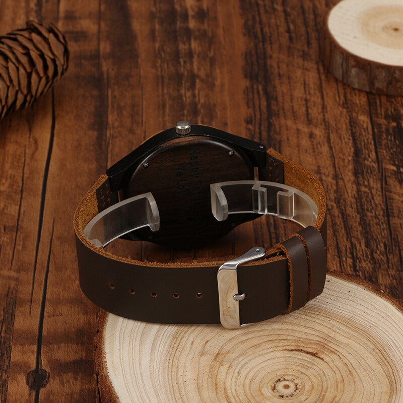 Personalized Custom Watch Photo Ebony Wooden Watch Engraving Picture Leather Band Unique Quartz Watches - MERGE.DAY.1.FREESTYLE
