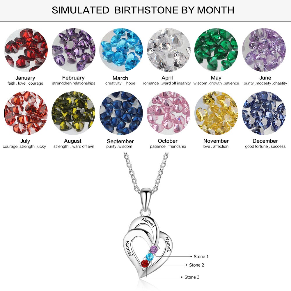 925 Sterling Silver Mothers Necklace with 3 Birthstones Romantic Name Heart Pendants - MERGE.DAY.1.FREESTYLE