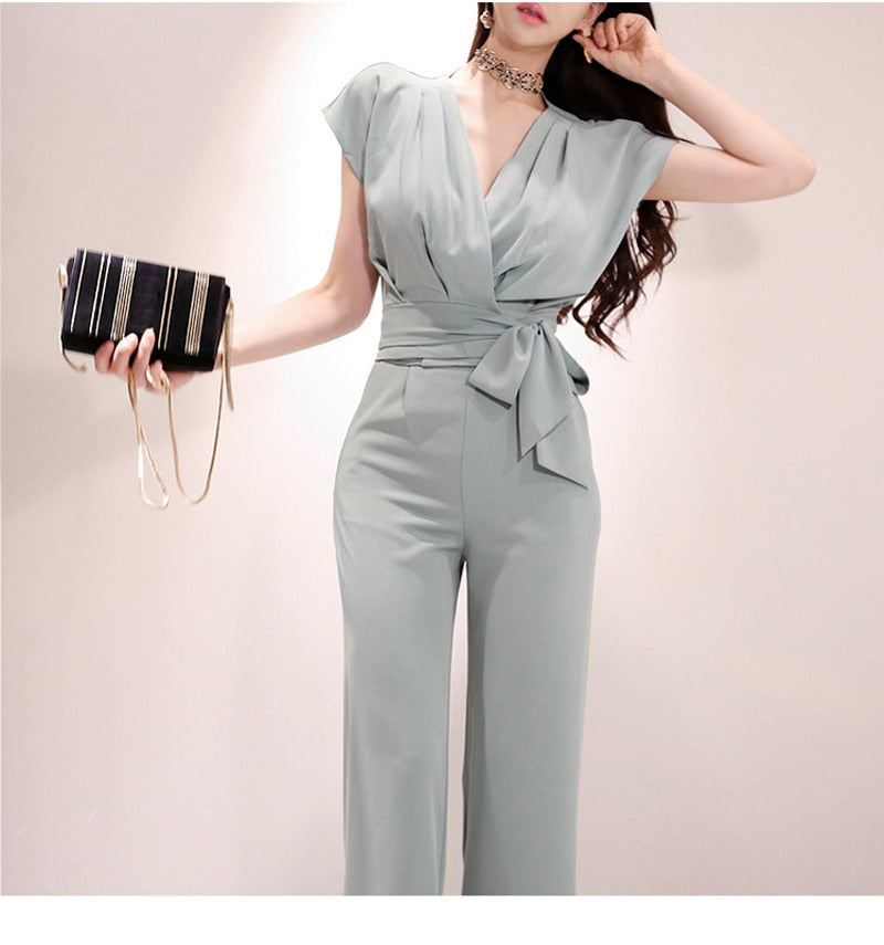 2 Pieces Set Women V-neck Lace Up Tops & High Waist Wide Leg Pants OL Style - MERGE.DAY.1.FREESTYLE