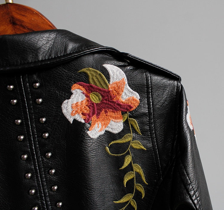 Floral Print Embroidery Faux Soft Leather Jacket Women Pu Motorcycle Coat - MERGE.DAY.1.FREESTYLE