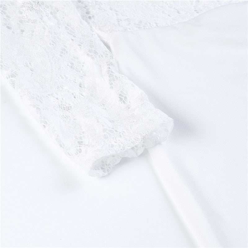 Women Summer Off Shoulder Sexy Playsuits Long Sleeve Sheer Lace Patchwork Hollow Skinny Playsuits - MERGE.DAY.1.FREESTYLE