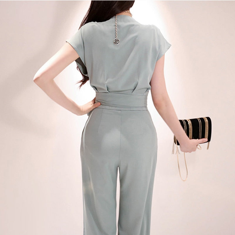 2 Pieces Set Women V-neck Lace Up Tops & High Waist Wide Leg Pants OL Style - MERGE.DAY.1.FREESTYLE