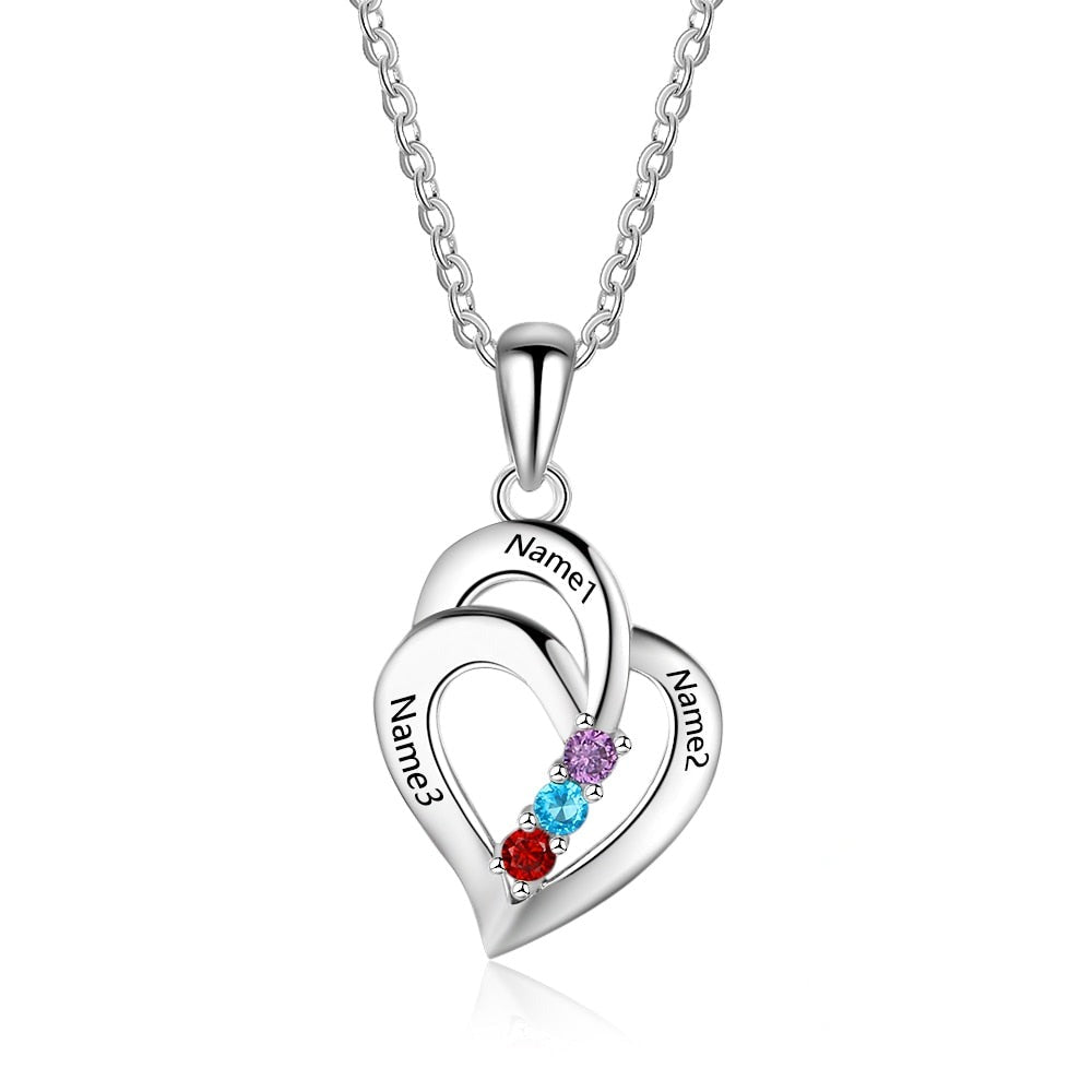925 Sterling Silver Mothers Necklace with 3 Birthstones Romantic Name Heart Pendants - MERGE.DAY.1.FREESTYLE