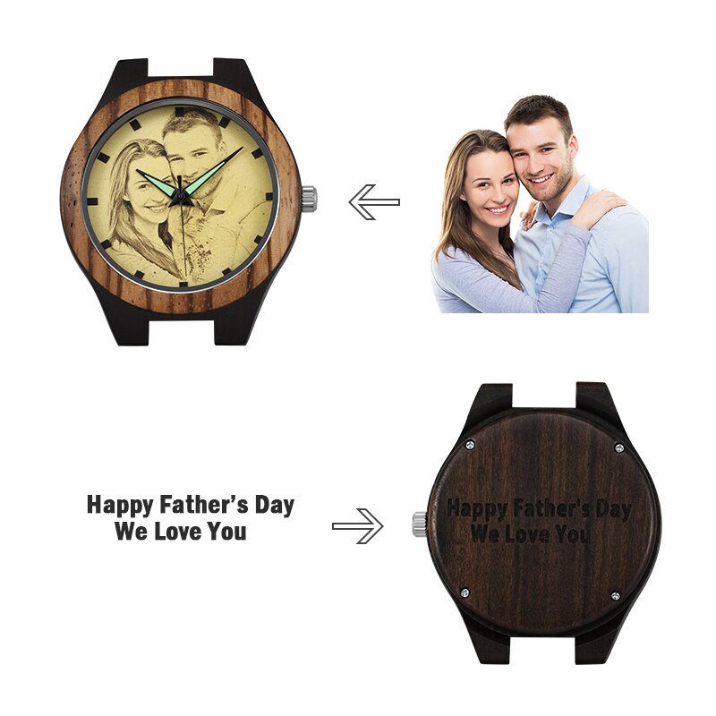 Personalized Custom Watch Photo Ebony Wooden Watch Engraving Picture Leather Band Unique Quartz Watches - MERGE.DAY.1.FREESTYLE