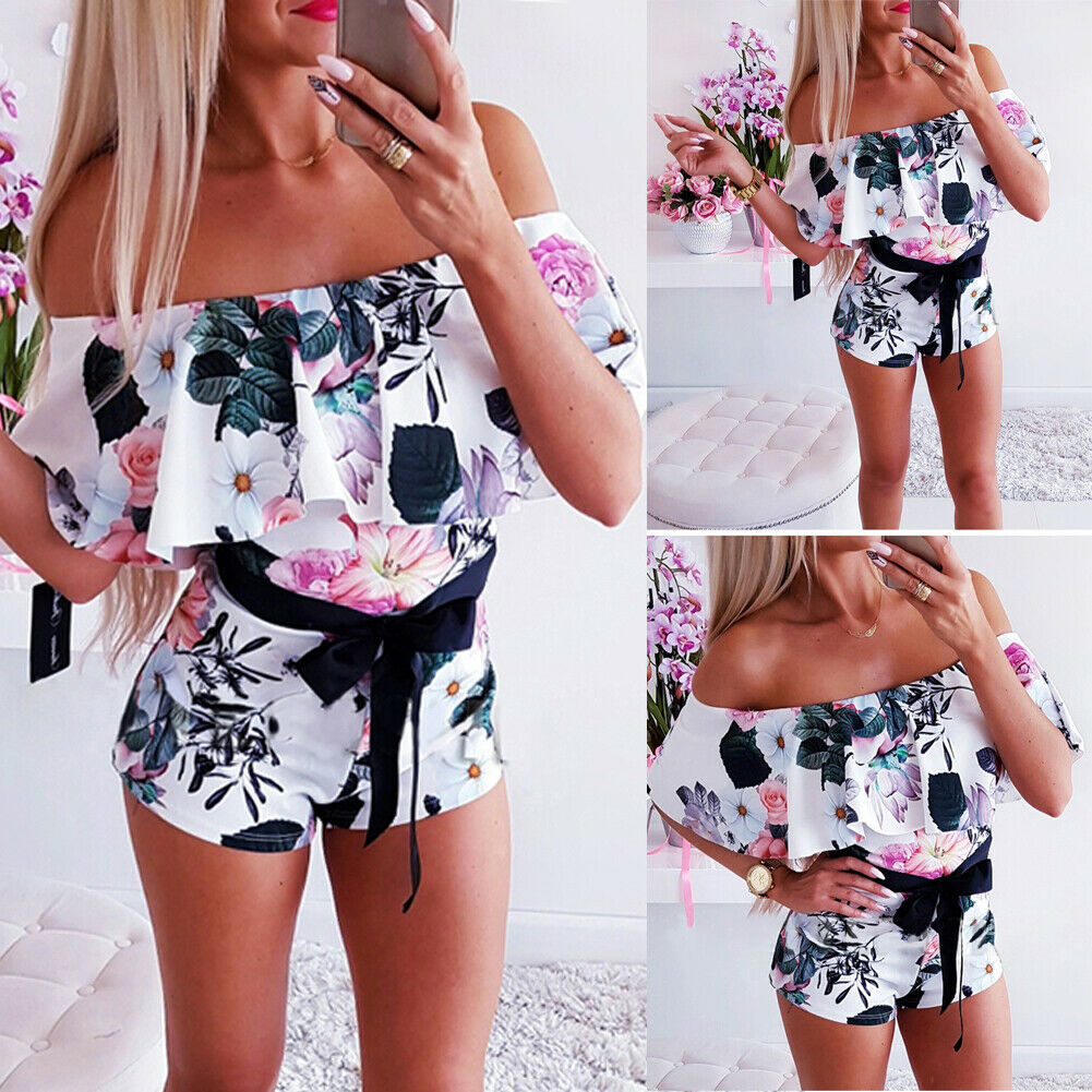 Boho Women Off Shoulder Floral Bodycon Romper Jumpsuit Summer Club Tights Bodysuit - MERGE.DAY.1.FREESTYLE