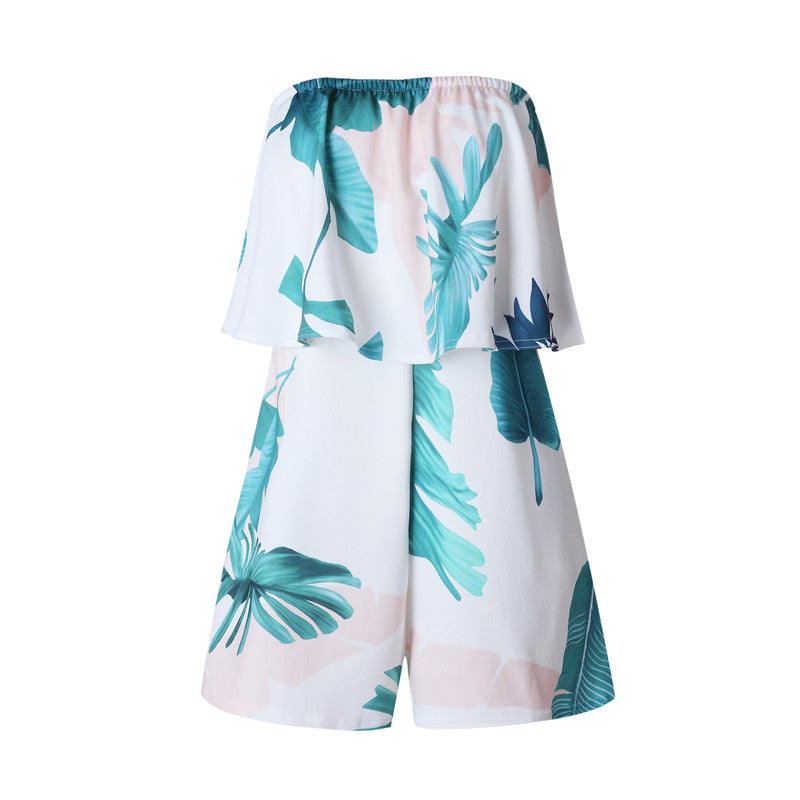 Floral Print Ruffles Strapless Rompers Summer Pleated Chest Wrapped Playsuits Womens Jumpsuit - MERGE.DAY.1.FREESTYLE