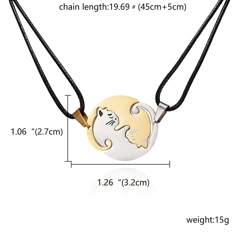 Black White Cat Stitching Necklace Friendship Heart Shape Gold White Cat Cute Couple Jewelry - MERGE.DAY.1.FREESTYLE