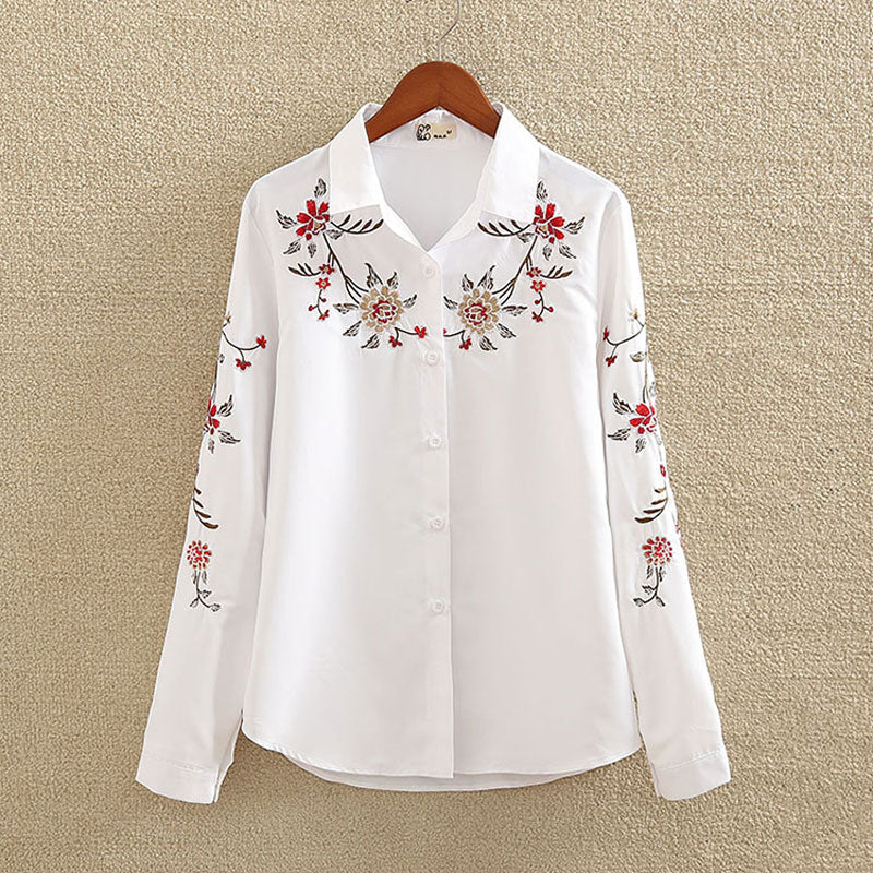 Floral Embroidered Blouse Shirt Women Slim White Tops Long Sleeve Blouses plus size - MERGE.DAY.1.FREESTYLE