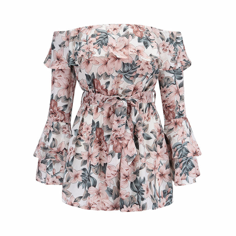 Bohemian Floral Print Ruffles Chiffon Shorts Jumpsuit Women Long Sleeve Off Shoulder Rompers - MERGE.DAY.1.FREESTYLE
