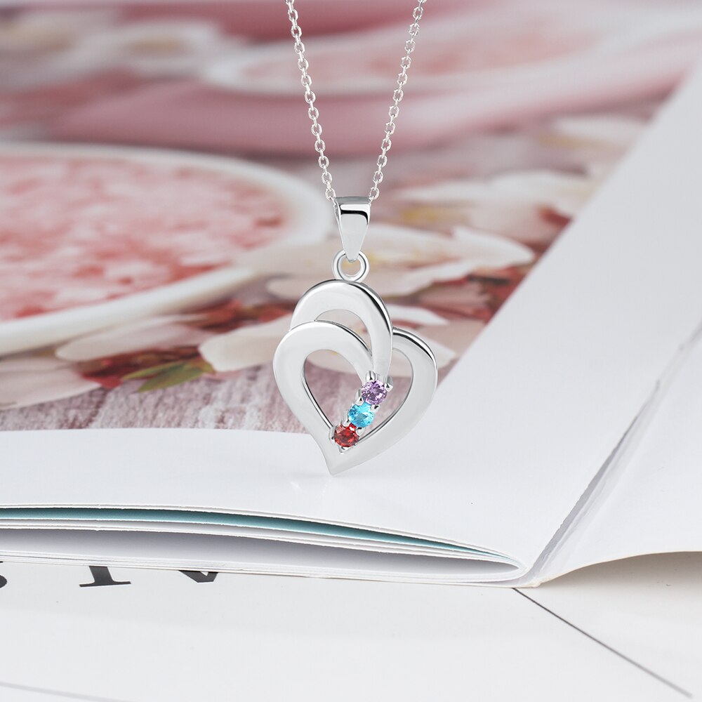 925 Sterling Silver Mothers Necklace with 3 Birthstones Romantic Name Heart Pendants - MERGE.DAY.1.FREESTYLE