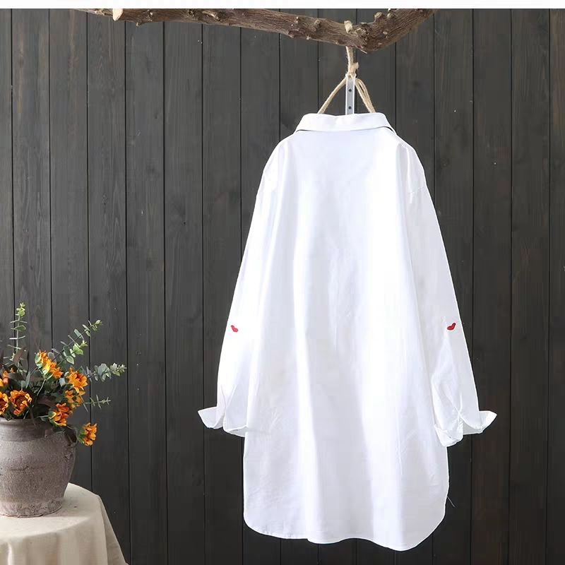 Plus size Cotton Embroidery women loose long white shirts casual ladies blouse - MERGE.DAY.1.FREESTYLE