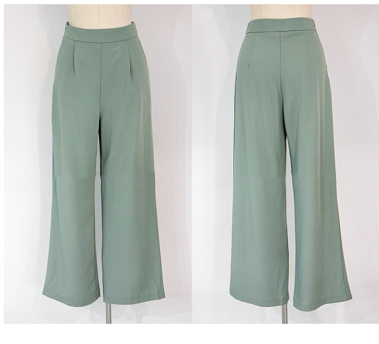 2 Pieces Set Women V-neck Lace Up Tops & High Waist Wide Leg Pants OL Style - MERGE.DAY.1.FREESTYLE