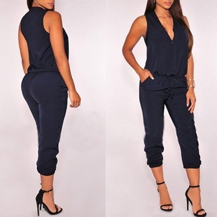 Summer Sexy V Neck Jumpsuit Long Pants Solid Rompers Women's Sleeveless One Piece Bodysuit - MERGE.DAY.1.FREESTYLE