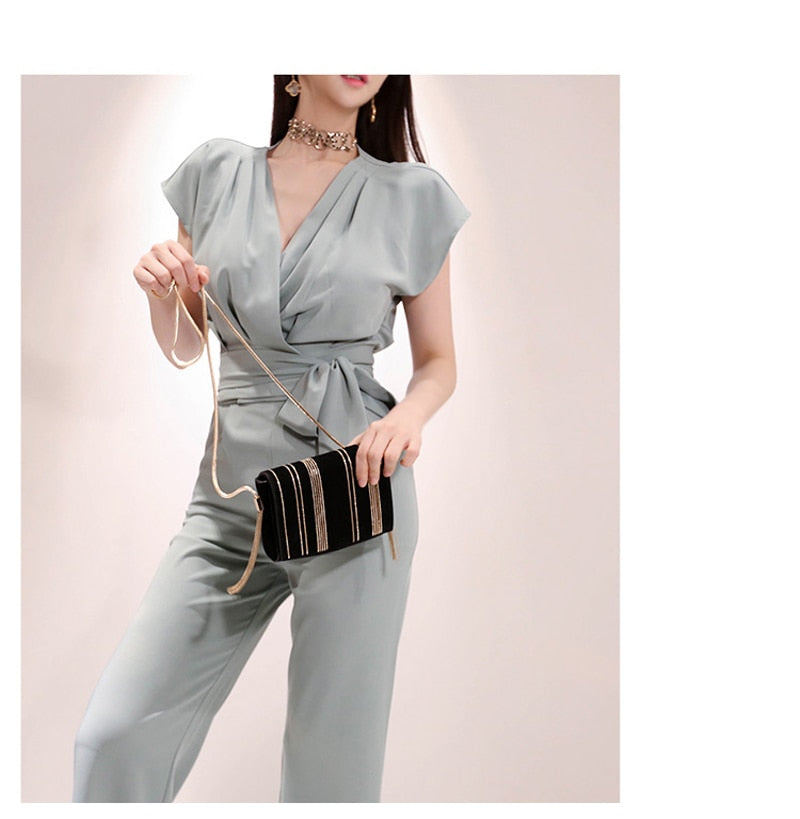 2 Pieces Set Women V-neck Lace Up Tops & High Waist Wide Leg Pants OL Style - MERGE.DAY.1.FREESTYLE