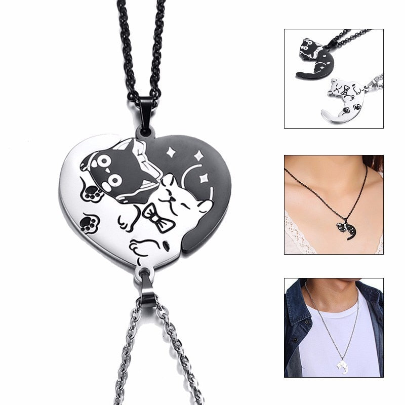 2 Pcs/Set Cute Cat Dog Shape Heart Puzzle Couples Necklaces Pendants Lover Promise Keepsake Gifts - MERGE.DAY.1.FREESTYLE