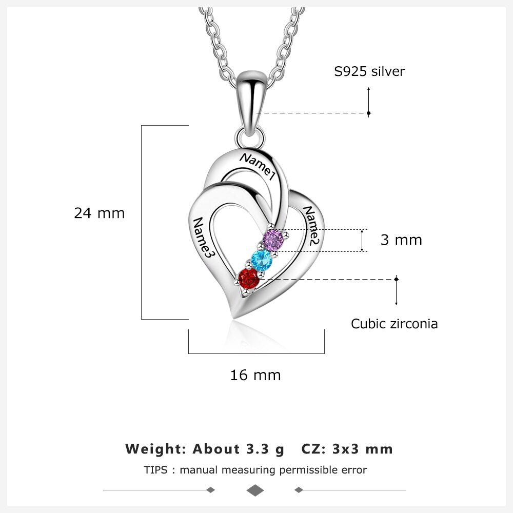 925 Sterling Silver Mothers Necklace with 3 Birthstones Romantic Name Heart Pendants - MERGE.DAY.1.FREESTYLE