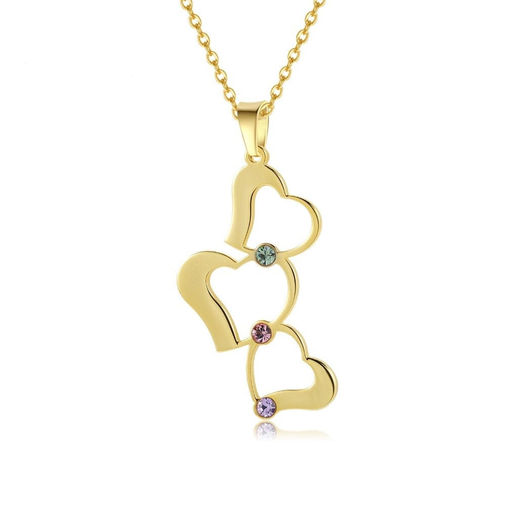 Personalized 3 Love Heart Hollow Design Birthstone Engrave Name Necklace Pendant - MERGE.DAY.1.FREESTYLE