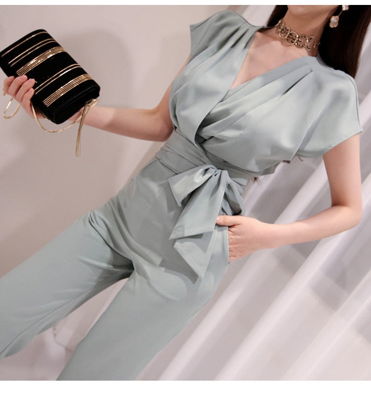 2 Pieces Set Women V-neck Lace Up Tops & High Waist Wide Leg Pants OL Style - MERGE.DAY.1.FREESTYLE