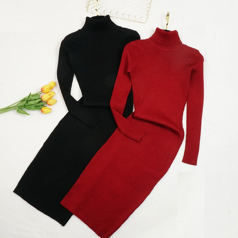Women Knitted Dress Turtleneck Sweater Dresses Bodycon Long Sleeve Bottoming Dress Vestidos - MERGE.DAY.1.FREESTYLE