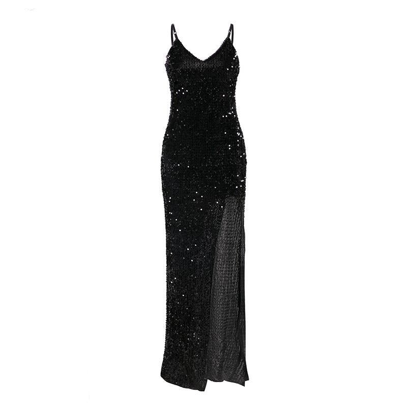 Sexy v-neck sequined long dress women summer black Spaghetti strap split dresses vestido female - MERGE.DAY.1.FREESTYLE