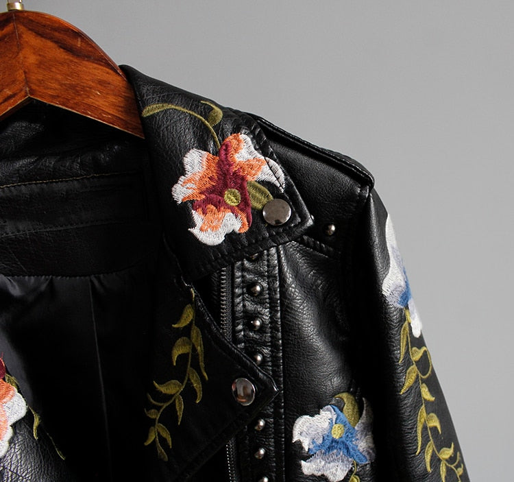 Floral Print Embroidery Faux Soft Leather Jacket Women Pu Motorcycle Coat - MERGE.DAY.1.FREESTYLE
