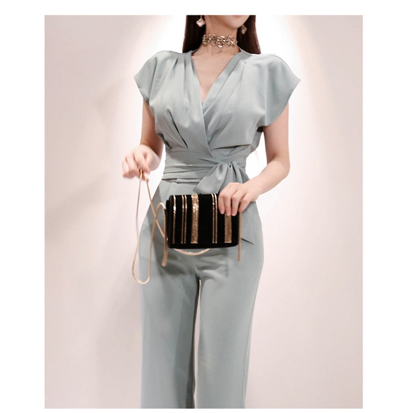 2 Pieces Set Women V-neck Lace Up Tops & High Waist Wide Leg Pants OL Style - MERGE.DAY.1.FREESTYLE