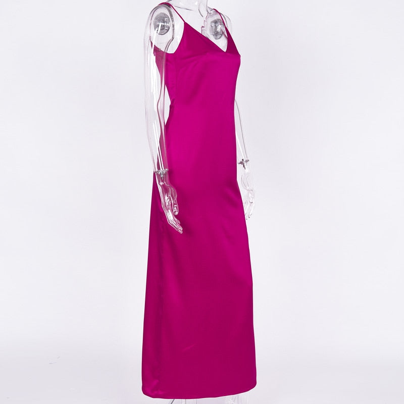 Satin V Neck Maxi Dress Women Spaghetti Strap Sleeveless Backless Side Split Long Dresses Lady Vestido - MERGE.DAY.1.FREESTYLE