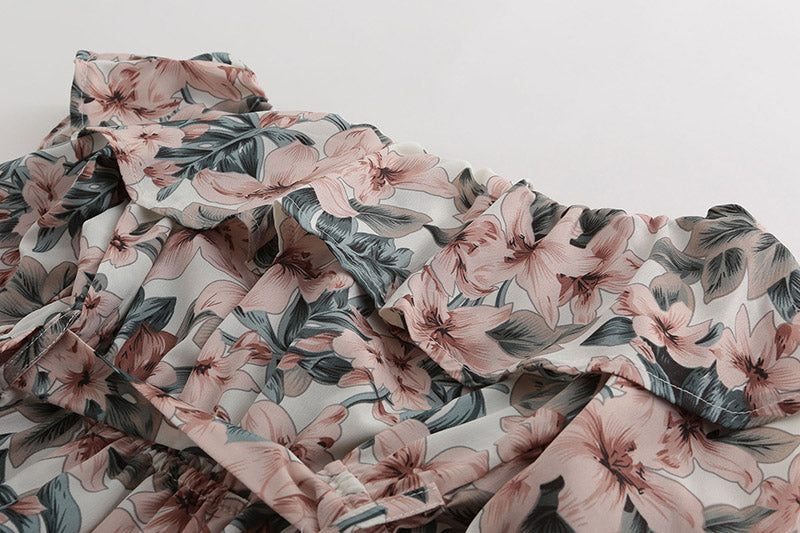 Bohemian Floral Print Ruffles Chiffon Shorts Jumpsuit Women Long Sleeve Off Shoulder Rompers - MERGE.DAY.1.FREESTYLE