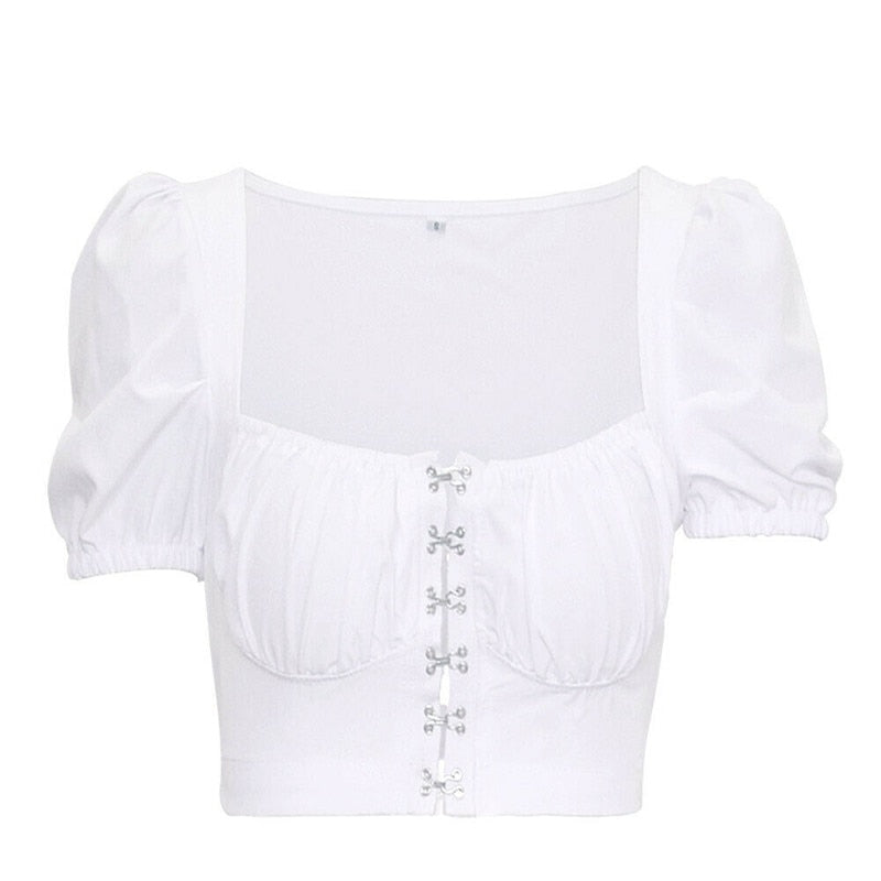 Women clothes Ladies Button Square Neck Tops Short Sleeve square collar pullover T-shirts - MERGE.DAY.1.FREESTYLE