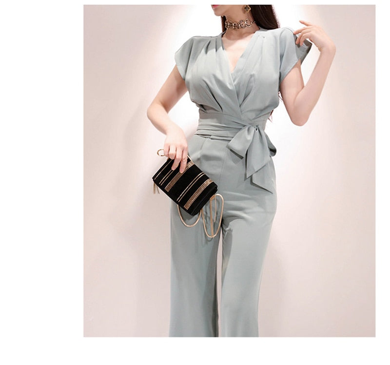 2 Pieces Set Women V-neck Lace Up Tops & High Waist Wide Leg Pants OL Style - MERGE.DAY.1.FREESTYLE