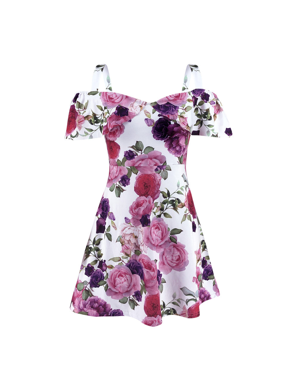 Streetwear Rullfes Decor Sling Strapless Short Sleeve Flower Print Mini Summer Dress - MERGE.DAY.1.FREESTYLE