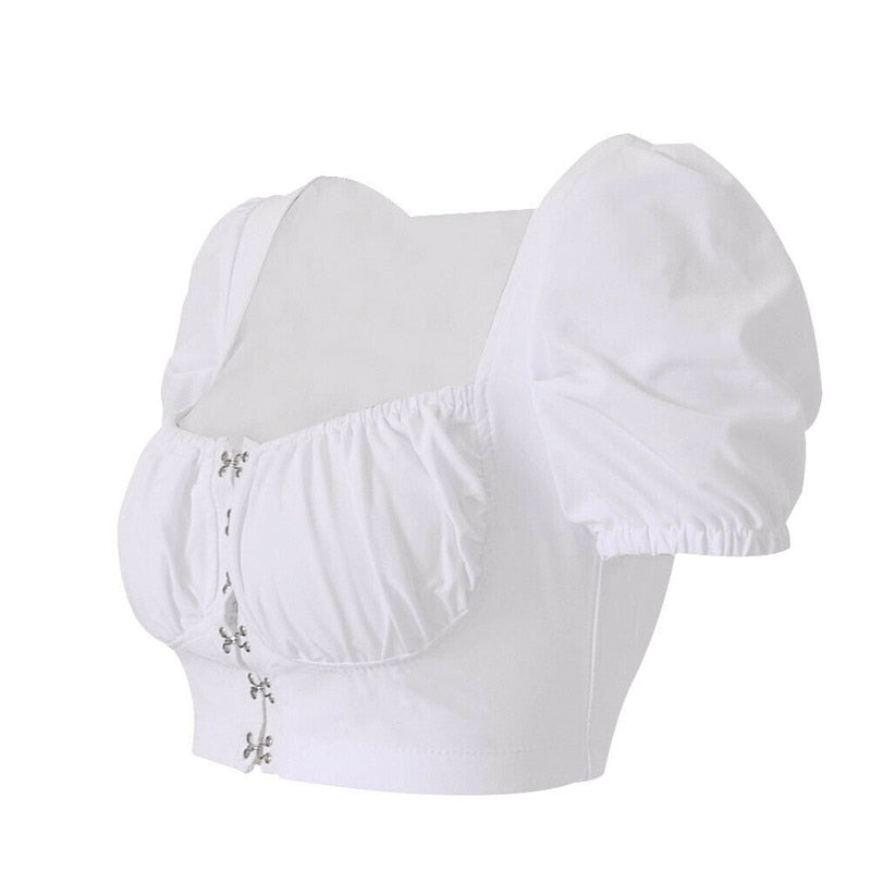 Women clothes Ladies Button Square Neck Tops Short Sleeve square collar pullover T-shirts - MERGE.DAY.1.FREESTYLE