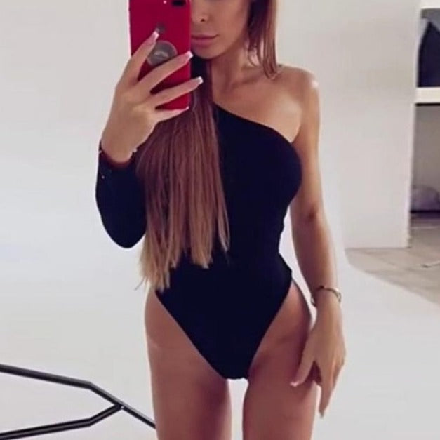 2022 One Shoulder Bodysuit Rib Knit Elegant Women Sexy Bodysuits Long Sleeve Skinny Bodysuit - MERGE.DAY.1.FREESTYLE