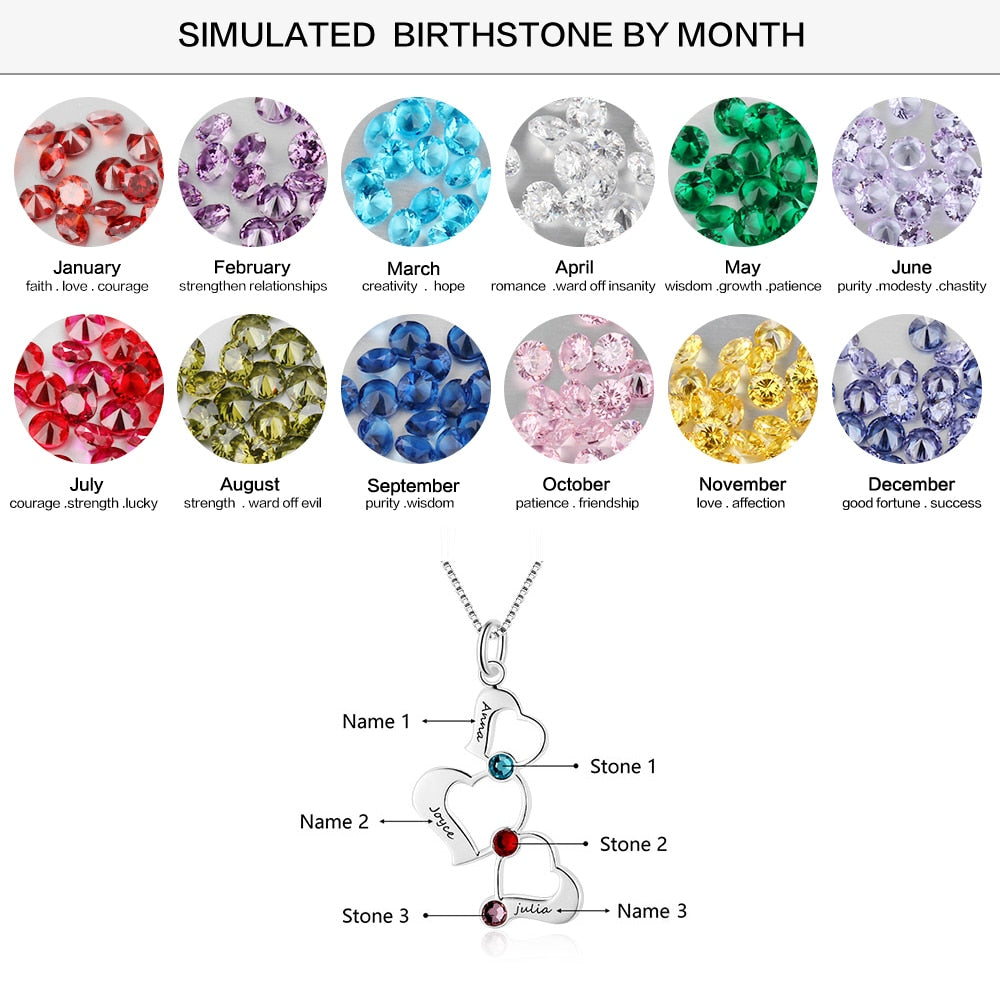 3 Heart Hollow Design Personalized Engrave Name Necklace Birthstone Pendants - MERGE.DAY.1.FREESTYLE