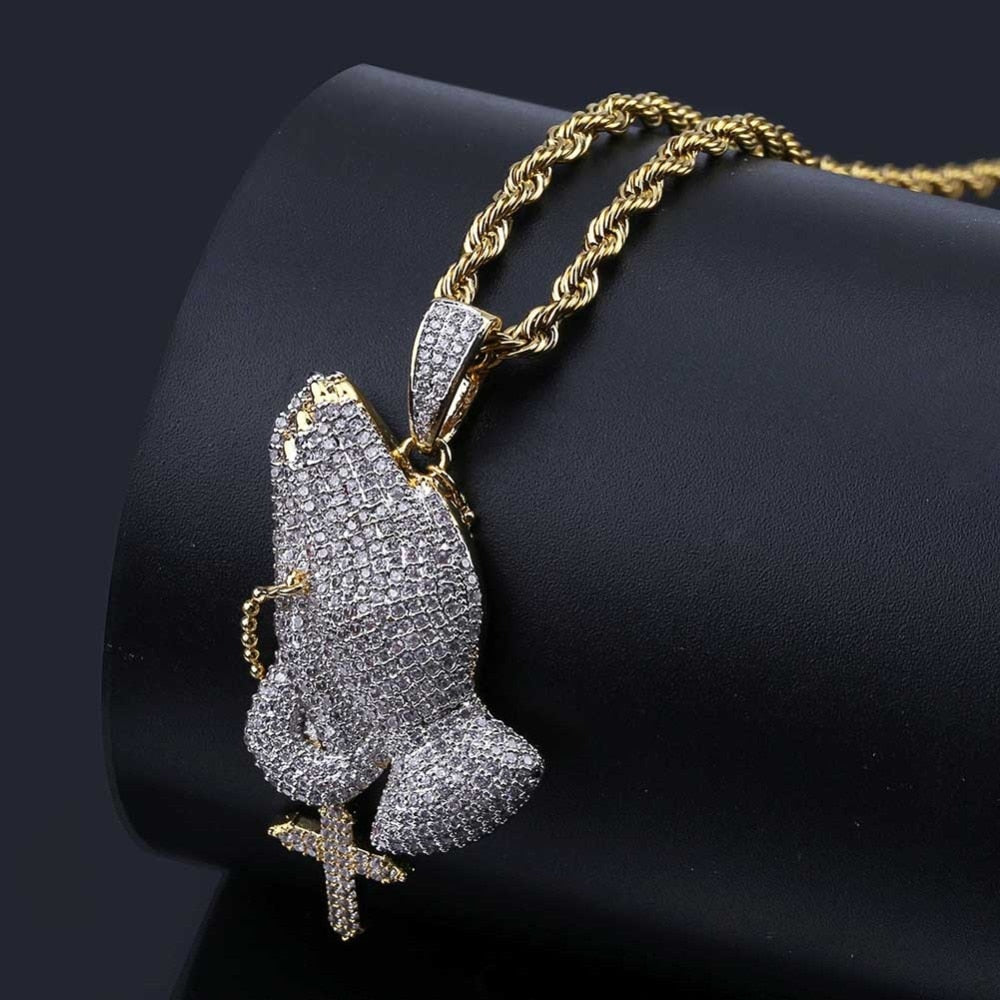 Iced Out Praying Hand Pendant Necklace With Cross Gold Silver Color Hip Hop Necklace - MERGE.DAY.1.FREESTYLE
