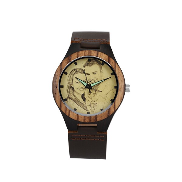 Personalized Custom Watch Photo Ebony Wooden Watch Engraving Picture Leather Band Unique Quartz Watches - MERGE.DAY.1.FREESTYLE