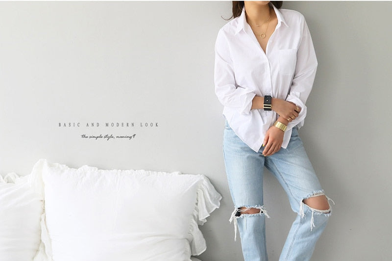 S-3XL Spring One Pocket Women White Blouse Female Shirt Tops Long Sleeve - MERGE.DAY.1.FREESTYLE