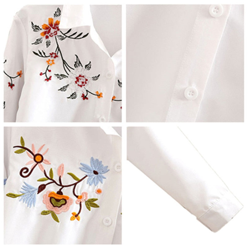 Floral Embroidered Blouse Shirt Women Slim White Tops Long Sleeve Blouses plus size - MERGE.DAY.1.FREESTYLE