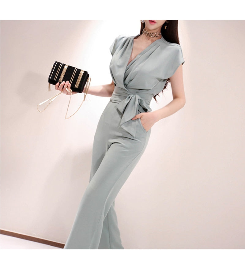 2 Pieces Set Women V-neck Lace Up Tops & High Waist Wide Leg Pants OL Style - MERGE.DAY.1.FREESTYLE