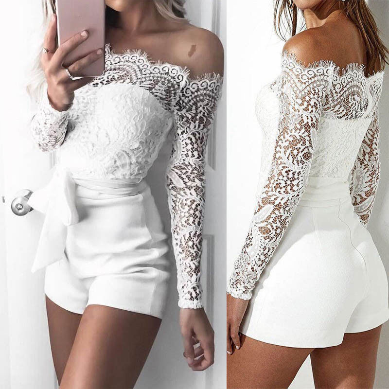 Women Summer Off Shoulder Sexy Playsuits Long Sleeve Sheer Lace Patchwork Hollow Skinny Playsuits - MERGE.DAY.1.FREESTYLE