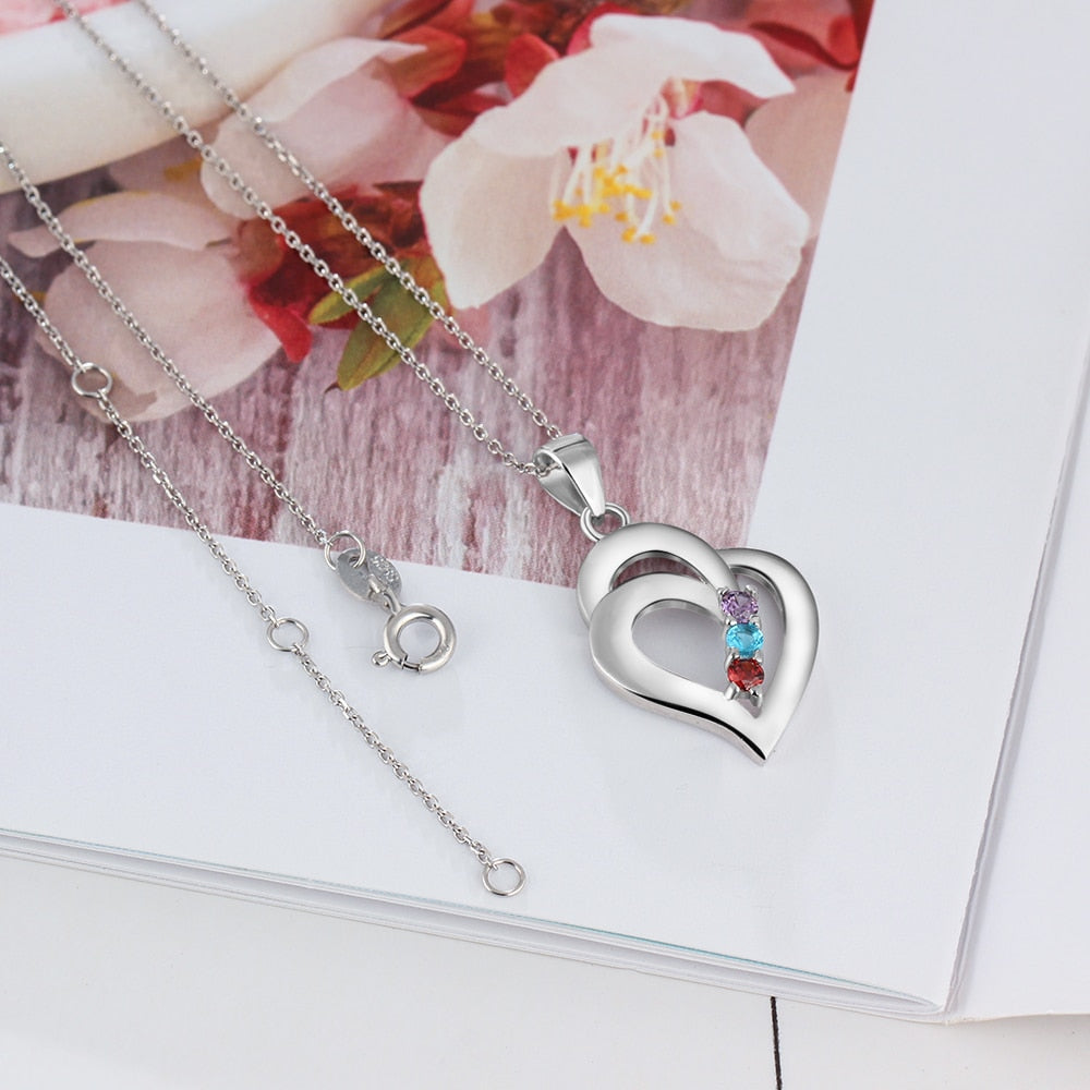 925 Sterling Silver Mothers Necklace with 3 Birthstones Romantic Name Heart Pendants - MERGE.DAY.1.FREESTYLE