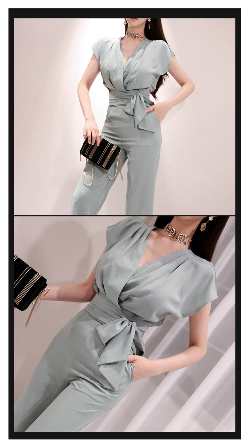 2 Pieces Set Women V-neck Lace Up Tops & High Waist Wide Leg Pants OL Style - MERGE.DAY.1.FREESTYLE