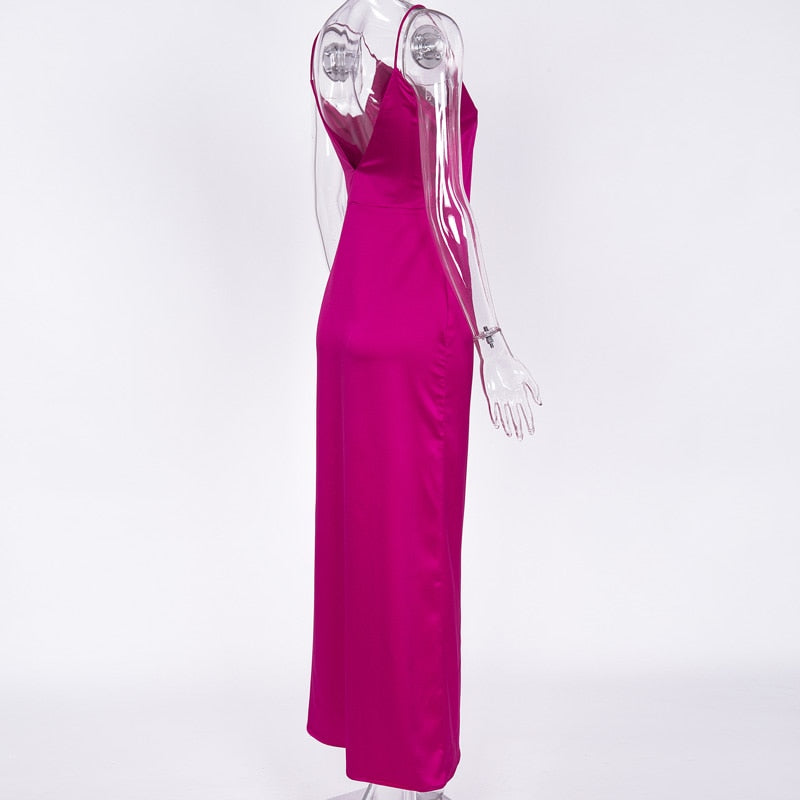 Satin V Neck Maxi Dress Women Spaghetti Strap Sleeveless Backless Side Split Long Dresses Lady Vestido - MERGE.DAY.1.FREESTYLE